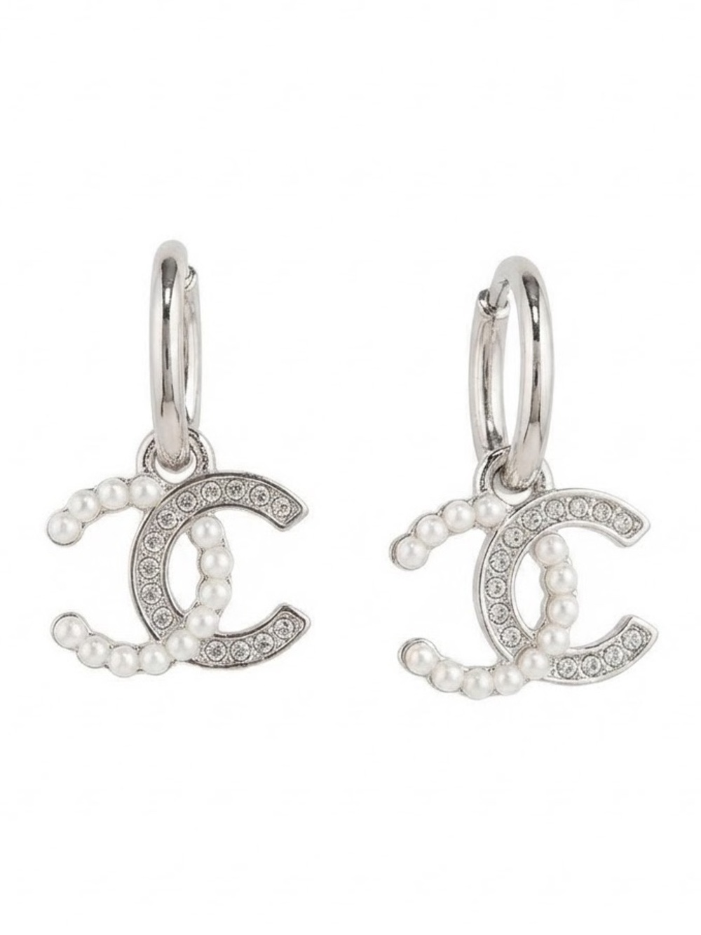 Silver Tone Letter C Style Hoop Earrings with Faux Pearls